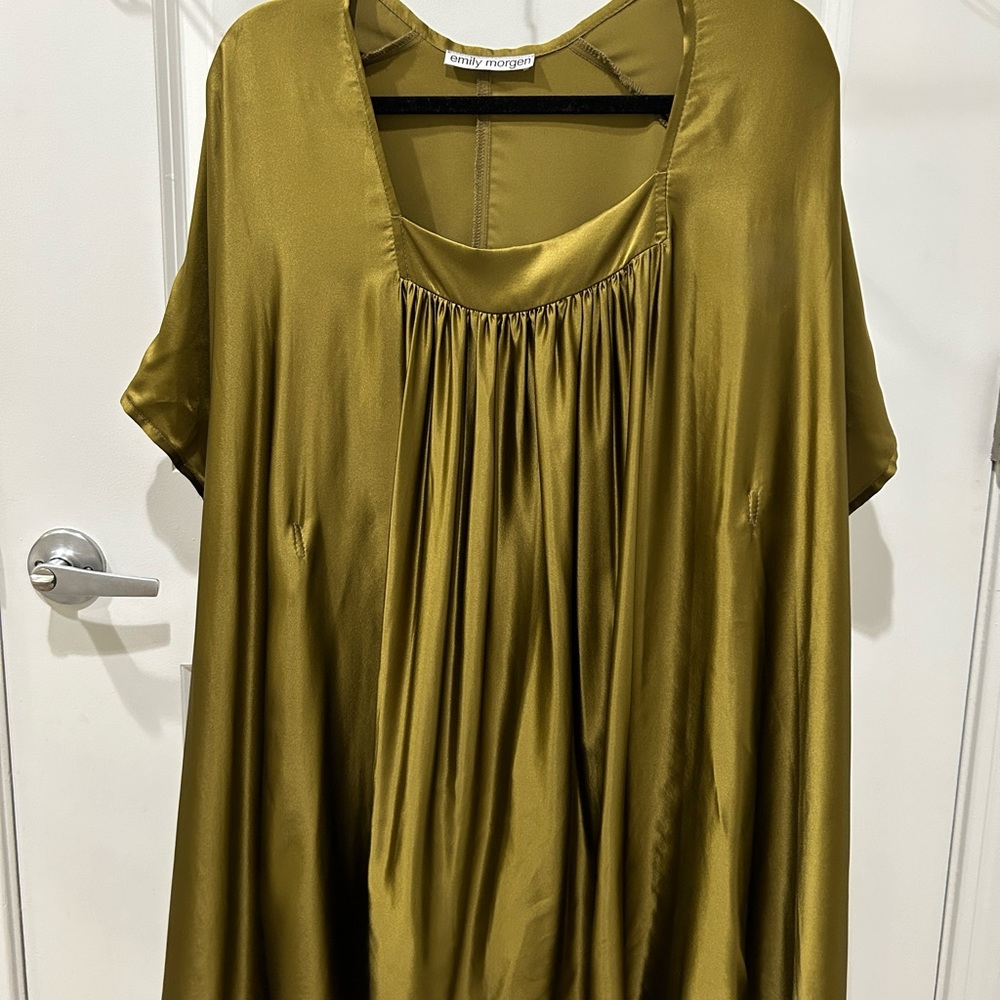 Emily Morgan olive green silk mini dress with cinching waist